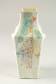 A CHINESE SQUARE-FORM PORCELAIN VASE, painted with immortals and calligraphy, 21cm high.