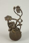 A BRONZE OKIMONO OF A BASKET OF FLOWERS.