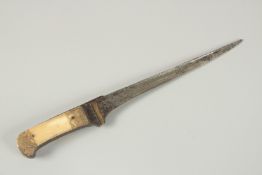 A 19TH CENTURY INDIAN BONE HILTED PESHKABZ DAGGER, 35cm long.