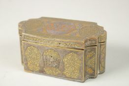A 19TH CENTURY DAMASCUS MAMLUK REVIVAL SILVER AND COPPER INLAID BRASS BOX, 13cm x 7.5cm x 6cm.