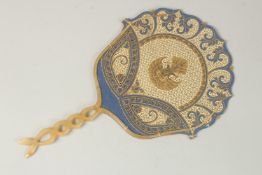 A VERY FINE 19TH CENTURY THAI HORN MOUNTED PIERCED LEATHER HAND FAN, with fine gilt decoration, 31cm