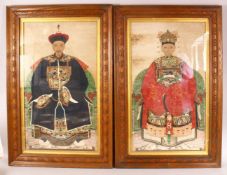 A LARGE PAIR OF 19TH CENTURY CHINESE MING STYLE EMPEROR AND EMPRESS PAINTINGS, framed and glazed,