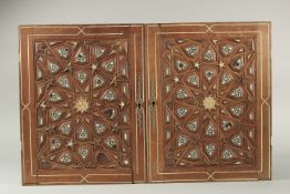 A PAIR OF 19TH CENTURY MAMLUK STYLE BONE INLAID WOODEN PANELS, 48cm x 38cm.
