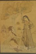 A PERSIAN MINIATURE PAINTING DEPICTING A COUPLE BENEATH A TREE, framed and glazed, image 14cm x 10.
