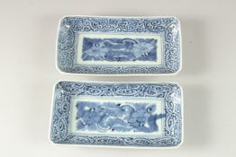 A PAIR OF 19TH CENTURY CHINESE BLUE AND WHITE PORCELAIN RECTANGULAR DISHES, 21.5cm x 11cm.