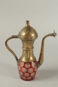 A RARE 18TH-19TH CENTURY PERSIAN QAJAR ENGRAVED BRASS MOUNTED GLASS EWER, 26cm high.