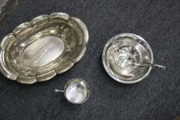 A Georg Jensen circular pedestal bowl with matching spoon together with a Continental silver dish
