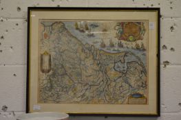 Blaeu, part hand coloured map depicting the coast of Germany together with two other framed and