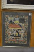 An Indian painting on silk depicting a scene with various figures.