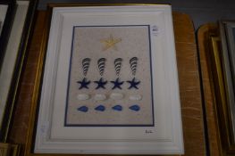 A seaside collage and a print depicting figures on a balcony by a coast.