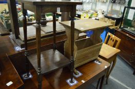 An oak two tier occasional table and a pine magazine rack.