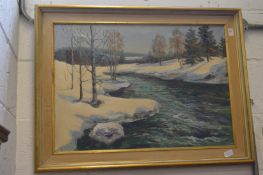 Winter river landscape with snow on the ground, oil on canvas, signed.