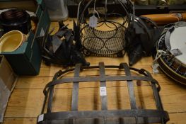 Wrought iron wall hooks, wine bottle stand and an unusual pair of wrought iron models of hedgehogs.