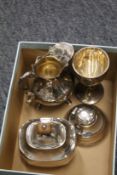 Small silver wares to include a tea caddy, cream jug, pedestal cup and ink well.