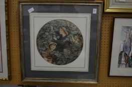 Martina Reim, three children picking nuts in a woodland setting, watercolour, framed circular.