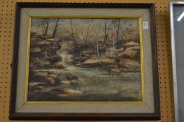 Leist, a waterfall in the stylised landscape, oil on board.