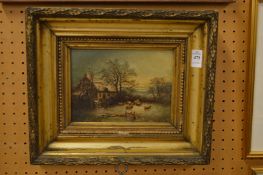 Circle of Edward Smythe, sheep by a cottage in a winter landscape at dusk, oil on panel.