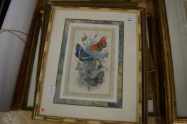 Three chromolithographic prints depicting butterflies, framed and glazed and three other items.