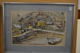 Circle of John Paddy Carstairs, landscape of a harbour village, watercolour.