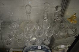 Cut glass decanters, a large jug etc.