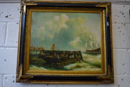 Coastal scene with figures in a rowing boat, sailing ship in the distance, oil on canvas.