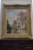 Continental street scene with figures by a river, oil on canvas, signed.