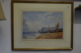 Matthew Kendrick, figures sorting nets on beached boats, watercolour.