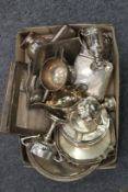 A large collection of assorted silver ware to include engraved salvers, cigarette box, sauce boat