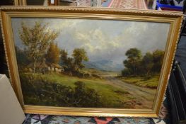 Rural scene with figures by a cottage, oil on canvas together with another oil depicting a