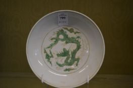 A Chinese saucer dish decorated with green dragons.