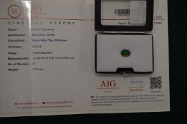 An oval cabochon opal with certificate.