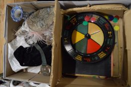 A roulette game, lace work bonnet and miscellaneous collectables.