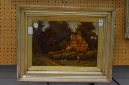 A Harding-Norwood, rural scene with figure feeding geese outside a cottage, oil on board.