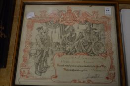 WWI discharge papers, framed and glazed and another item.