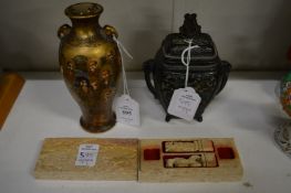 A small satsuma vase, small Koro and cover and Chinese soap stone seal box with contents.