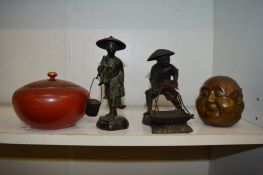 Two bronze Chinese figures, a lacquer bowl and cover and a bronze four face Buddha.