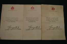 Three letters of thanks from Buckingham Palace for the efforts of the Great War.