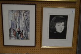 Head study of a woman together with figures in a busy street scene, watercolour.