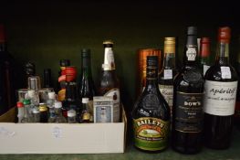 Bottle of Dow's finest reserve port, one bottle of Sambuca, various miniatures and other alcoholic