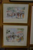 Scene of figures in a colourful city marketplace, watercolour and another similar.