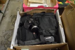 A box of assorted cameras and equipment etc.