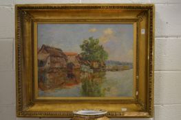 Kronenberg, lake scene with buildings and trees, oil on canvas, signed.