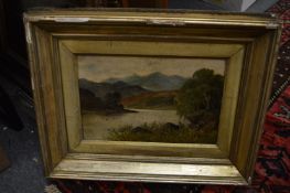 Mountainous river landscape, oil on board together with another similar painting and a print.