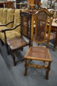 Two high back dining chairs with cane work back and seats.