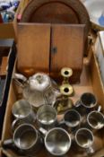 Plated teapot, pewter tankards etc.