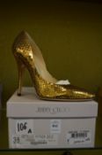 A pair of ladies Jimmy Choo Python metallic gold high heeled shoes, size 38, unused with original