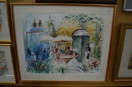 Figures seated outside a restaurant, watercolour, indistinctly signed.