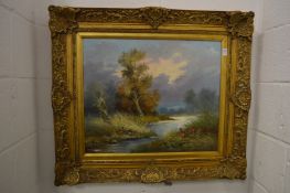 Rural river landscape with pheasants, oil on canvas, in a decorative gilt frame.
