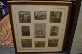 A collection of Architectural and topographical prints, mounted and glazed in three burr wood