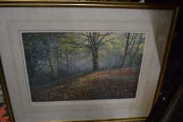 Woodland scene with figures and poppies, colour print and a pair of other prints.